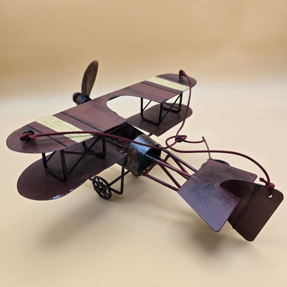 Vintage Metal Biplane Model Rustic Bronze Burgundy Decorative Aircraft 7 Inch - Picture 7 of 16